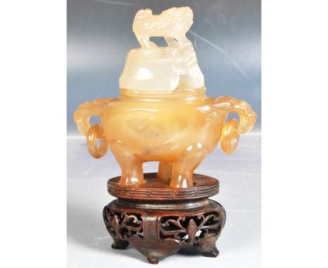 A 19th Century Chinese carved jade / agate hardstone censer burner prayer ding with cover / lid having a carved figural Foo D