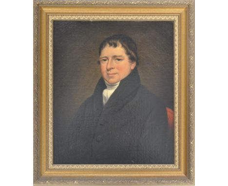 An early 19th Century George III oil on canvas painting portrait study depicting a gentleman in black suit jacket with white 