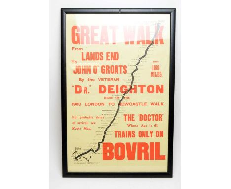 An early 20th Century Bovril advertising poster inscribed 'Great walk from lands end to John O' Groats by the Veteran Dr Deig