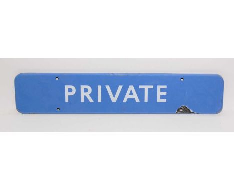 British Railways (BR) Scottish Private sign, light blue and white enamel, 46 x 9cms (chipped).