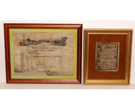 A blank Blaydon, Gateshead, Hebburn Railway Company share certificate, some annotations well faded, framed; together with Nor