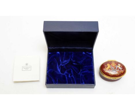 HRH Queen Elizabeth II Christmas present, 2012, a Halcyon Days enamel patch box, with Royal coat of arms to lid and inscribed