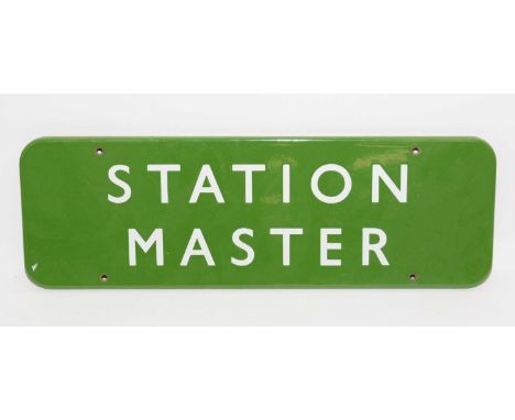 A British Railways (BR) Southern enamelled Station Master sign, in green and white enamel, 46 x 16cms. 