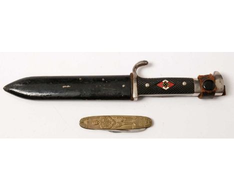 A reproduction WWII German Hitler Youth knife, the 13.5cms blade, etched with 'Blut und Ehre' RZM and makers mark for F.Pluck