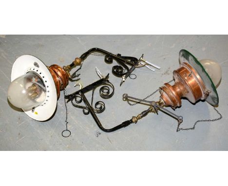 A pair of late 19th-century railway station gas lights, converted to electricity, the original tapered shades on white and gr