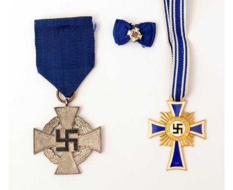 WWII German Faithful Service medal, 2nd class, with black enamel swastika and watered blue ribbon, with a lapel ribbon; toget