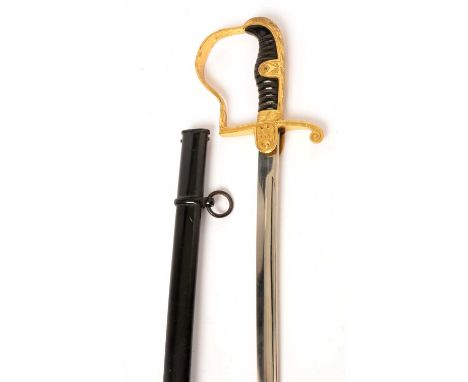 A WWII German Officers sword, the 86.5cms curved blade marked F.W Holler Solingen, with gilt quillion and knuckle bow, contai