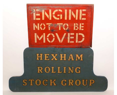 British Railways (BR) wooden sign painted red and stencilled white inscribed 'Engine Not To Be Moved', with metal mounts and 