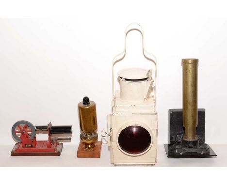 A white painted metal British Railways (W) signal light 54cms high with handle; two brass locomotive steam whistles; and a st
