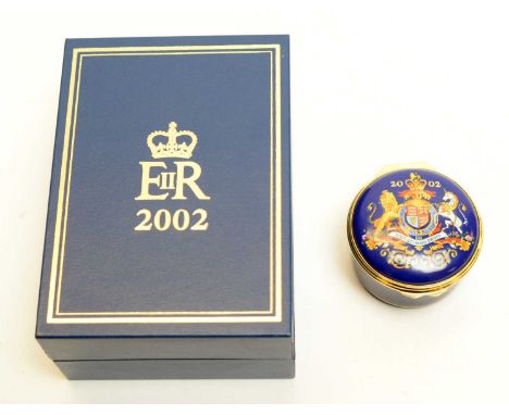 HRH Queen Elizabeth II Christmas present, 2002, Halcyon Days enamel patch box, bearing Royal crest and interior inscribed 'Th
