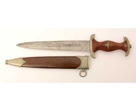 A WWII German SA dress dagger, the 22cm double-edged blade, etched with 'Alles Fur Deutschland' and makers mark for F.Dick, w