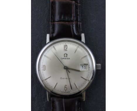 Gents stainless steel Omega Geneve wristwatch with sweep second hand, date box, and new leather strap