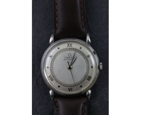 Gents stainless steel Omega Automatic with Roman numeral dial, sweep second hand, and new leather strap