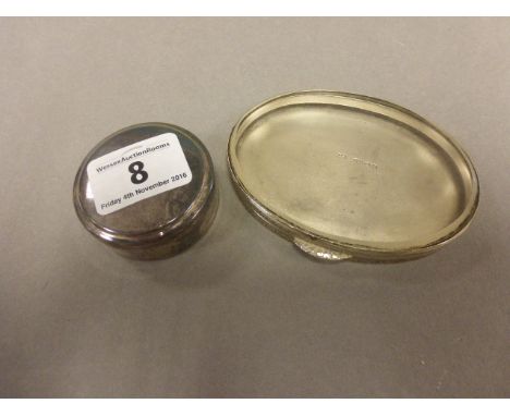 Modern hallmarked silver circular pill box plus oval glass topped silver box with engine turned decoration & Birmingham impor
