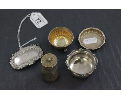 Collection of Small Silver Items including Pepper Pot, Port Label, Two Salts and Trinket Dish