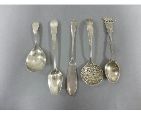 Silver - London c1808 Teaspoon; London 1947 Peters & Webb Fish/Butter Knife; Birmingham 1902 Charles Wilkes Sugar Sifter Spoo
