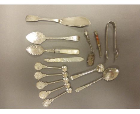 Georgian Silver Fish Knife and Salt Spoon, Two Small Button Hooks, Silver Brooch and other Cutlery