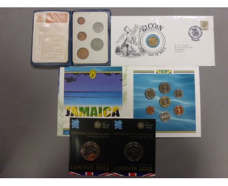 Uncirculated coins to include; 2 x countdown to 2012 £5, 40th anniversary of Bank of Jamaica, Decimal coin set, £1 coin first