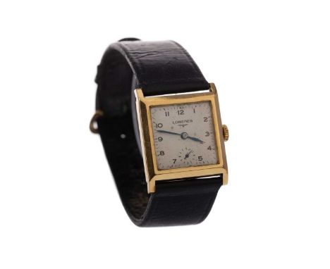 GENTLEMAN'S LONGINES EIGHTEEN CARAT GOLD MANUAL WIND WRIST WATCH,the square silver coloured dial with Arabic hour markers, ou
