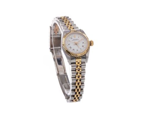 LADY'S ROLEX OYSTER PERPETUAL BICOLOUR STAINLESS STEEL AUTOMATIC WRIST WATCH,model 67193, serial R963034, the round white dia