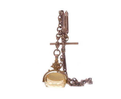 NINE CARAT GOLD DOUBLE ALBERT CHAIN,the links marked 9 and 375, 38cm long, with dog clip fastenings, T-Bar and citrine fob, e