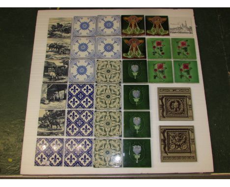 Ceramic tiles - TWO large transfer decorated Classical tiles marked Minton China Works Stoke on Trent (20cm square); FIVE tra