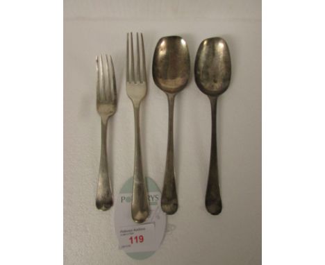 Two silver dessert spoons, perhaps late 18th century, worn marks (2.5 ozt); a silver dining fork, marks for London, 1779, wor