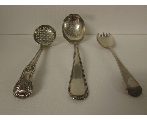 Silver straining spoon engraved with foliage, beaded stem, marks for London, 1895, maker's stamp GMJ (2.5 ozt); a George IV s