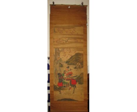 Chinese scroll painting on silk laid down on paper with decorative woven borders - warrior on horseback under blossom tree, t