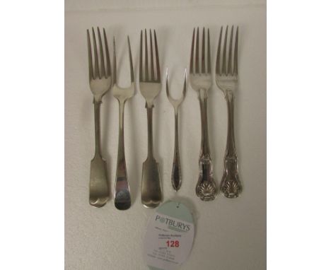 Two silver King pattern forks with scallop terminals, one marked for London 1808, William Eley William Fearn and William Chaw