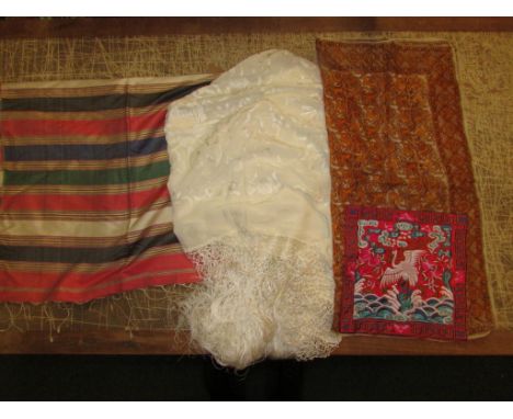 Four textiles -  A 1920's Egyptian silk runner (260cm x 58cm); cream silk Chinese shawl (110cm x 105cm); square silk scarf pr