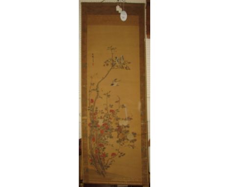 Chinese scroll painting on silk laid down on paper with decorative woven borders - birds in flowering bush, four character si