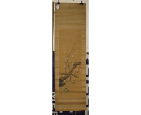 Chinese scroll painting on silk laid down on paper with decorative woven borders - bough with apple blossom branch, two chara