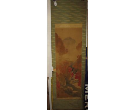 Chinese scroll painting on silk laid down on paper with decorative woven borders - landscape with waterfall and deer, two cha