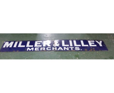 Original two part 'Miller &amp; Lilley Merchants' blue and white enamel wall sign