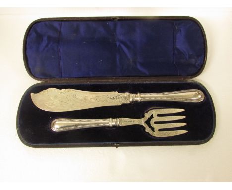 Victorian cased silver fish serving set comprising knife and fork, both engraved with foliate scrolls and the knife with fish