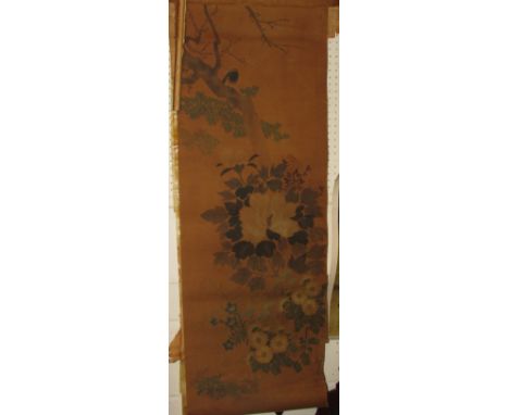 Chinese scroll painting on silk laid down on paper with decorative woven borders - flowering tree and bird, two character sig
