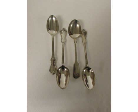 Three Victorian silver serving spoons, scrolled stems monogrammed EMR reverse, marks for London, 1874, maker's stamp HH, (7.3