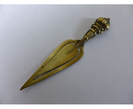 Victorian brass bookmark formed as trowel with bow and bundle finial, stamped RD 89511 length 8.5cm