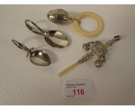 George V Ivorine teething ring with silver bell embossed 'Mother Goose', Birmingham, 1913, maker's stamp WMC; and a George V 