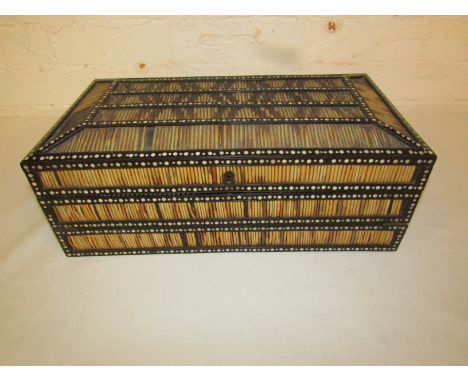 Porcupine quill writing box framed in dark hardwood and inlaid with roundels of ivory, the outer sides with three bands of qu