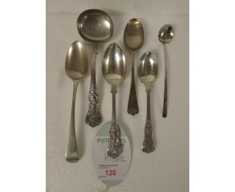 A George III silver dessert spoon, 1797, maker's stamp HS; together with a silver ladle, two King pattern dessert spoons, a l