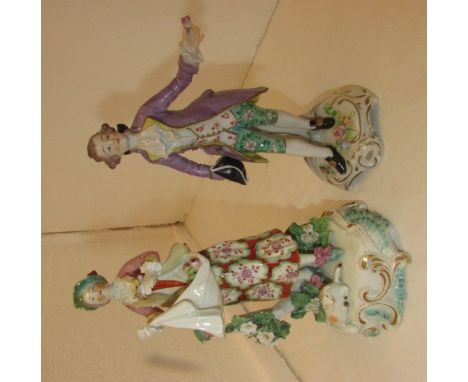 A Sitzendorf figure of a man in purple coat proffering a rose and a continental figure of a woman selling flowers from her ap