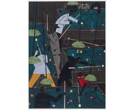 Jacob Lawrence "Pool Parlor, 1942" Offset Lithograph.Measures (Image, approx): 21.75 x 30.Verso is blank.Mounted to archival 