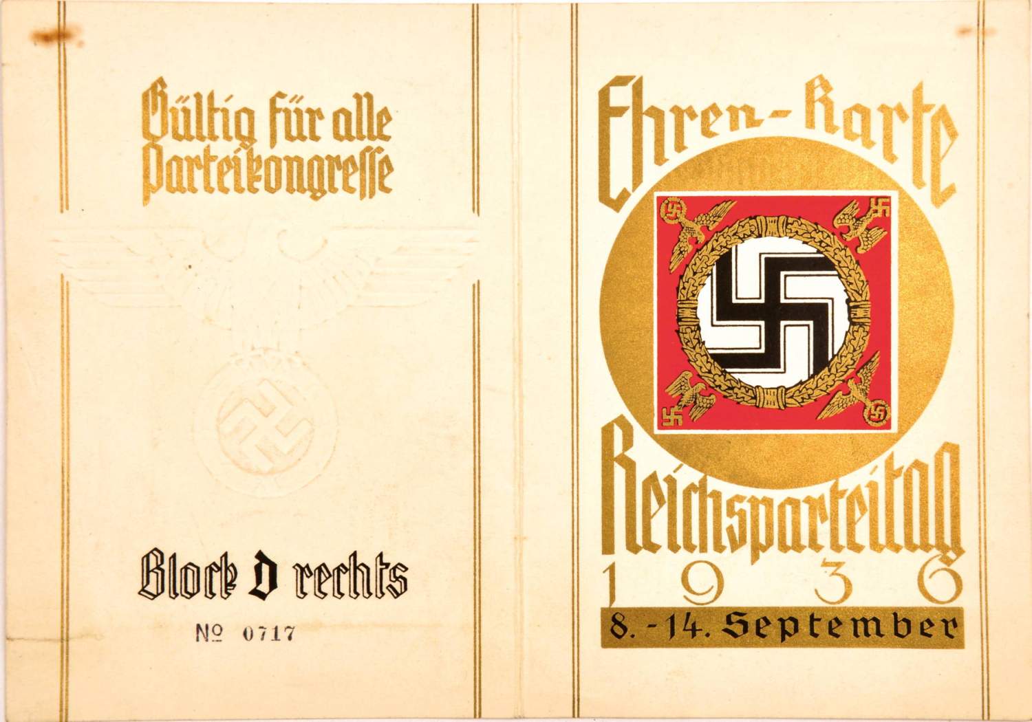 Ehren Karte Zum Reichsparteitag 1936 Block D Rechts Gultig F Alle Parteikongresse Farb M G