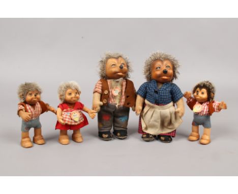 Five vintage German Steiff hedgehogs Micki, Mecki, Mucki and two Macki, tallest 17cm. Three having original paper name tags.