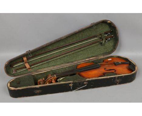 A cased vintage violin with two bows.&nbsp;(Back Length 35.5cm)Condition report intended as a guide only.Four drill holes to 
