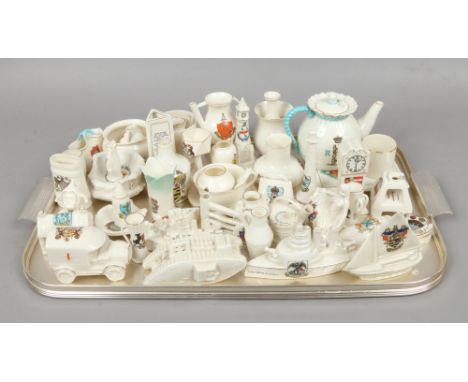 A tray of crested china to include W. H. Goss, Corona, Arcadian and Carlton examples.Condition report intended as a guide onl