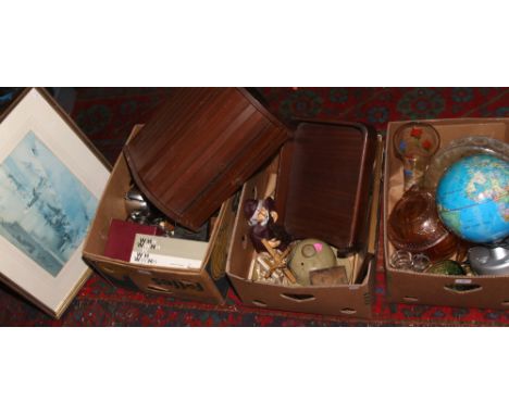 Three boxes of miscellaneous including glassware, silver plate, flatwares, puppet, globe etc, along with a framed Russel Flin