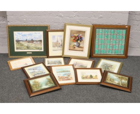 A collection of framed pictures and prints to include Ogden's cigarette cards, watercolours and a limited edition John Rudkin